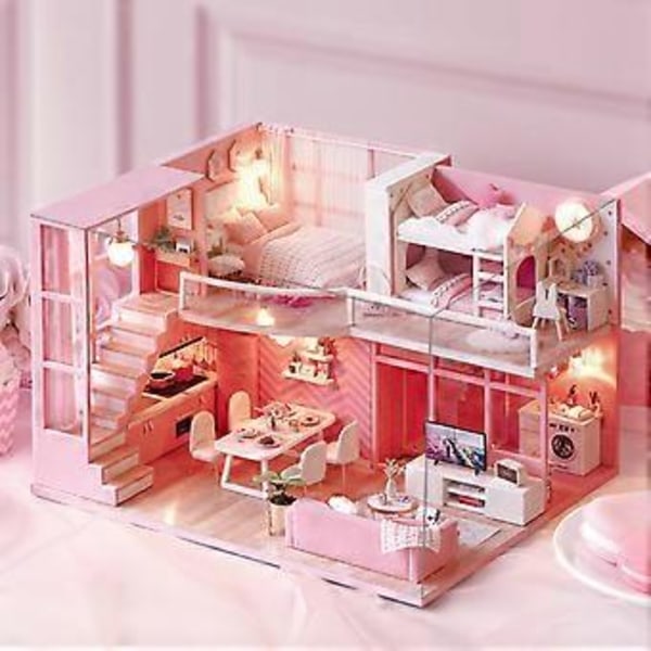 DIY Handgjord Miniatyr Rosa Flickas Träloftdockhusmodellkit Leksakspresent ( )