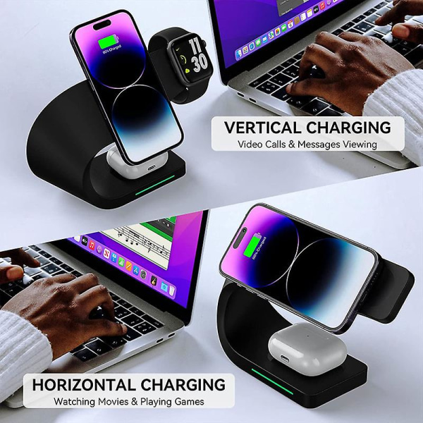 4 In 1 Magnetic Wireless Charger Stand 15W Fast Charging Dock Station For iPhone 14 13 12 Pro Max Apple Watch iWatch 8 7 AirPods No Plug Black