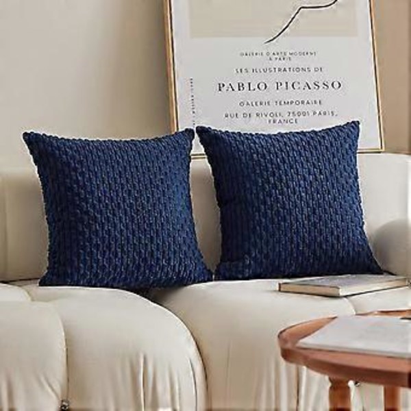 Set med 2 Dekorativa Kuddfodral, Solid Randig Corduroy Plysch Sammet Kuddfodral för Soffa, 50cm, 20 x 20 Tum, Marinblå