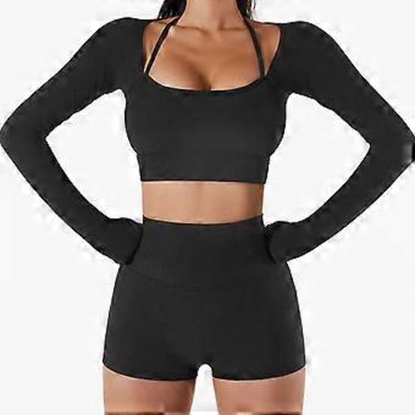 Yogatopp för kvinnor, Fitness, Rundhalsad, Halter, Långärmad, Tumhål, Träningskläder, Sportkläder med bröstkudde (L Svart)