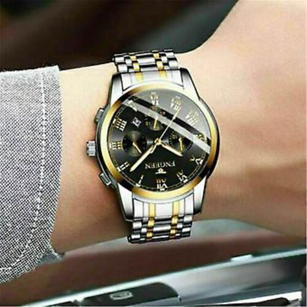 Fngeen Herre Vandafvisende Ur Kvarts Analog Rustfrit Stål Lysende Visere Armbåndsur (Sort Urtavle)