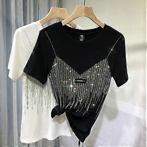 Chic Sommer Diamant Kortærmet T-shirt til Kvinder Casual Ensfarvet O-Hals T-shirt Dame Streetwear Tees Top (XXXXL sort)