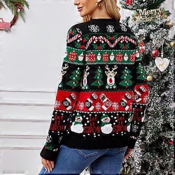 Kvindes Grim Jullig Cardigan Trøje Jule Sjov Xmas Knappet Strikket Frakke Yderbeklædning (XL Sort)