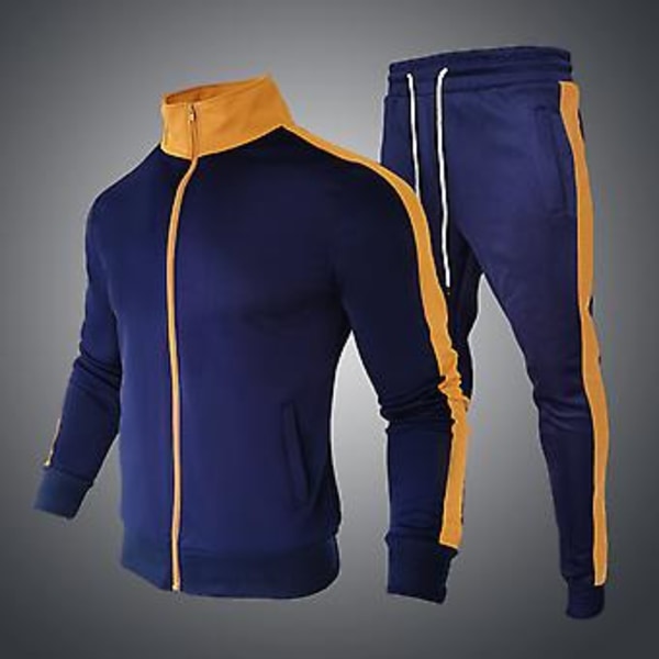 2 osaa/setti: Pysäytyskaulus, pitkähihainen, moni taskullinen, vetoketjullinen, liimattu takki ja housut, miesten syksyinen raidallinen ja laikuttu slim-tracksuit-asu (XL Keltainen)