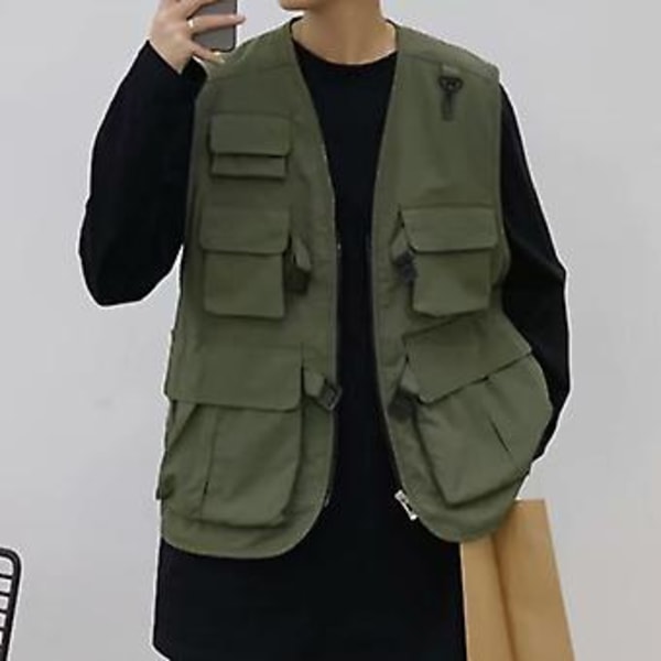 Multi-lomme Veste med Spænder Lukning Solid Farve Ærmeløs Tynd Udendørs Cargo Vest til Fiskeri (2XL Army Grøn)