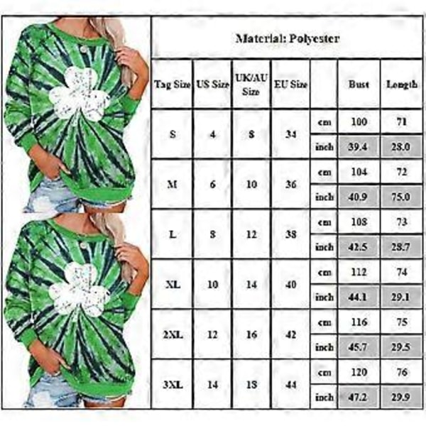 St. Patrick's Day Tryckt Dam Toppar Irländsk Dag Shamrock Clover Casual Långärmad Tröja Damar Rundhalsad Vårfågel T-shirt (M)