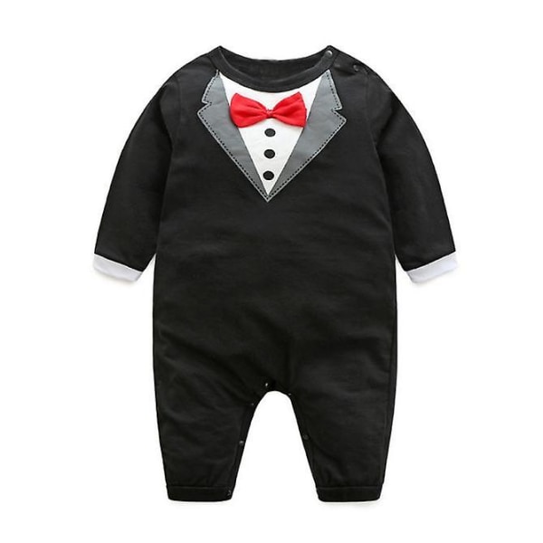 Newborn Infant Baby Boy Romper Jumpsuit Bow Tie Gentleman Suit Outfit Long Sleeve Cotton Wedding Birthday Baby Boy Clothes Black 90cm