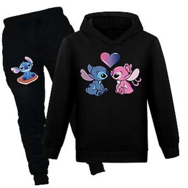 7-14 år Barn Pojkar Flickor Lilo & Stitch Cartoon Tryck Outfits Casual Hoodie Sweatshirt Toppar Jogger Byxor Tracksuit Set Kläder (11-12 År Svart)