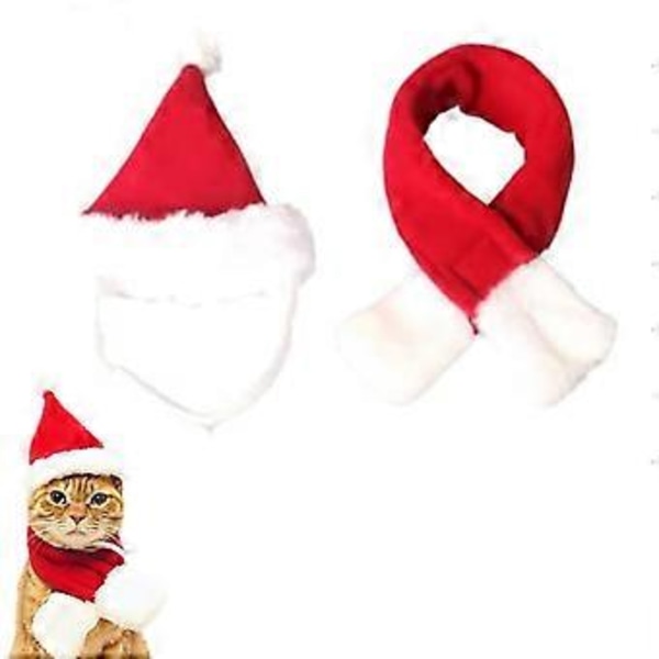 Jultomtekostym för katt med tomteluva och halsduk, julkläder för husdjur, tomteset för kattunge och valp