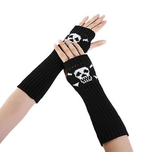 Kallojen Neuleiset Sormittomat Hihat Peukalonreiällä Cosplay-Käsivarsinlämmittimet Hanskat (Musta)