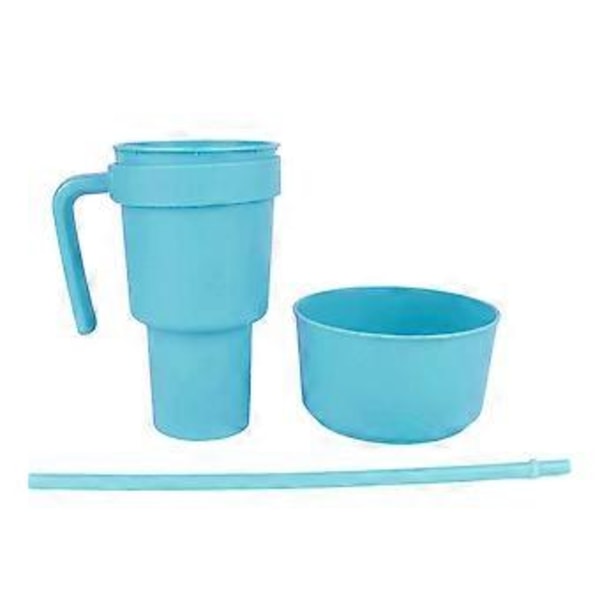 2-i-1 Snack- og Drikkkopp med sugerør, stor åpning, plastbeger, topp snacks-skål for kino, hjem, reise (lys blå)