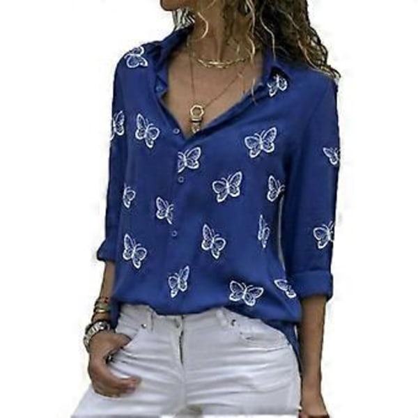 Dame Skjorte med Sommerfugltrykk, Nedfelt Krage, Knapper, Chiffonbluser i Store Størrelser, Langermet Topper (XL blå)