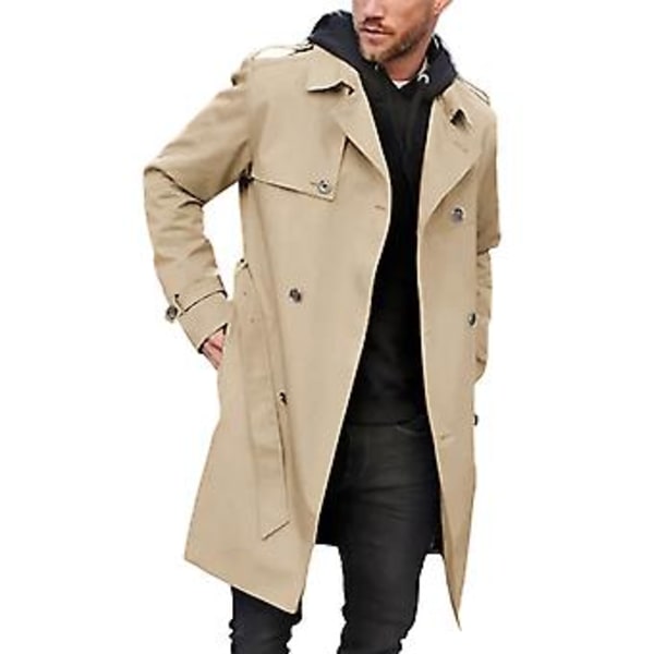 Herrar Höst Vinter Enfärgad Vindjacka Krage Långärmad Dubbelknäppt Fickor Bälte Slim Fit Lång Rock Streetwear (M Khaki)