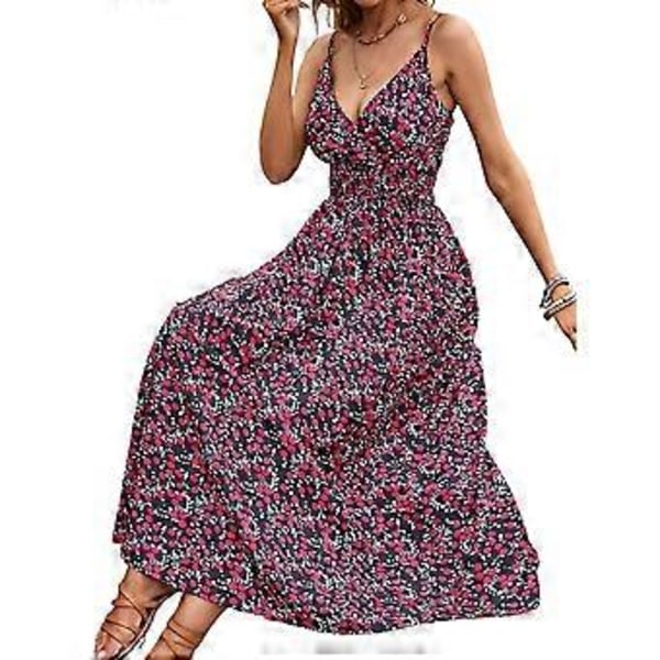 Kvindesommerkjole, Casual, Ærmeløs, Blomstermønstret, Løstsiddende, Split, Maxi, Flydende, Lang Strandkjole (XXL sort)