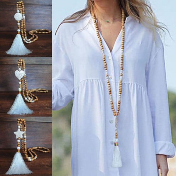 Halsband Lång Tassel Handgjord Vit Turkos Kvinnor Bohémisk Tass
