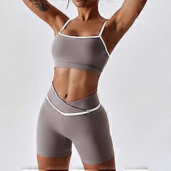 2-delt Yoga Suit Farveblok Spaghettistropper Kryds Talje Kvinders Sport Yoga Suit til Løb (M Shorts Lilla Grå)
