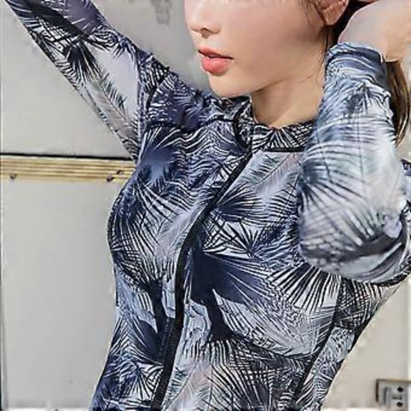 Bedste Tilbud - Dame Badedragt 3-delt Sæt Print Langærmet Top Polyester Retro Solbeskyttelse Tredelt Langærmet Badetøj (XL)