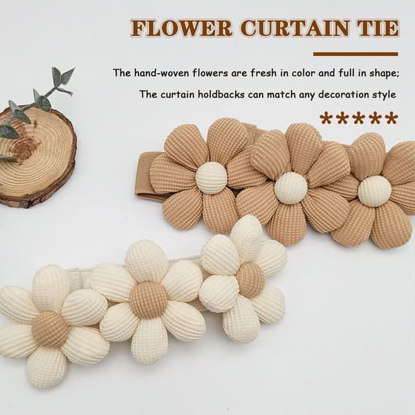 2 stk. Blonderte gardinknapper med blomsterform, gardinpynt, beige