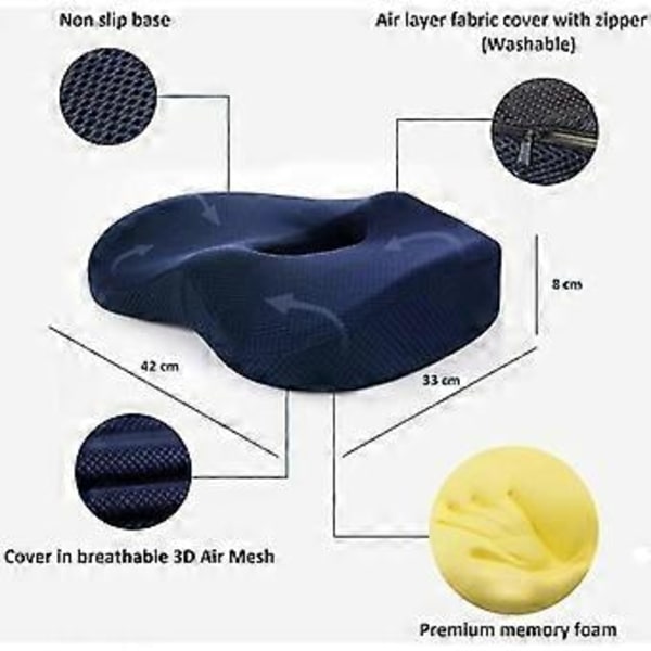 Memory Foam Siddepude, Ortopædisk til Hæmorider, Haleben Pude til Bil, Hjem, Kontor, Gamer, Kørestol, Lændestøtte, Rygsmerter