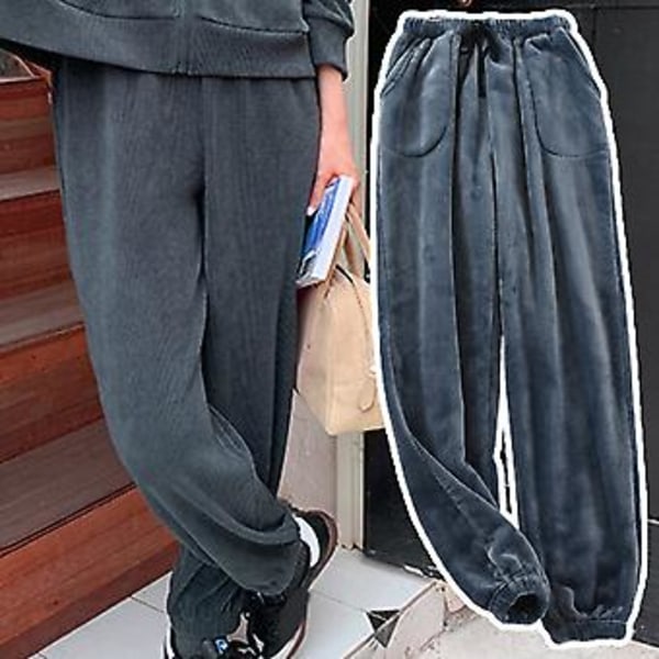 Mænds Pyjamasbukser Straight Straight Ankel-båndet Ensfarvet Fleece Tyk Koldbeskyttende Snøre Lommer Mænds Bukser Hjemmetøj (XL Mørkegrå)
