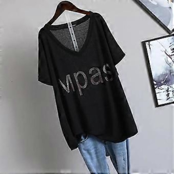 Ekstra Stor Størrelse T-shirt Dame Sommer V-hals Tøj Mode Løs Diamantbesat Bogstav Kortærmet T-shirt Dame (L sort)