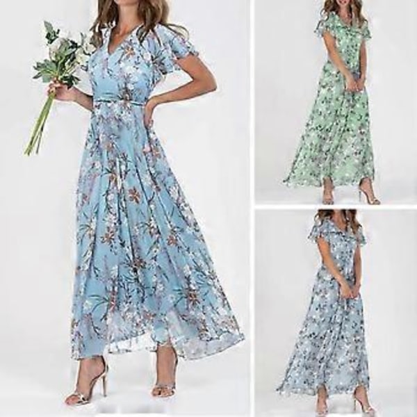 V-ringad Maxiklänning med Volang, Kort Ärm, Åtsittande Midja, Hög Midja, Flödande Fåll, Sött Blommönster, Chiffonklänning Damkläder (XL orange)