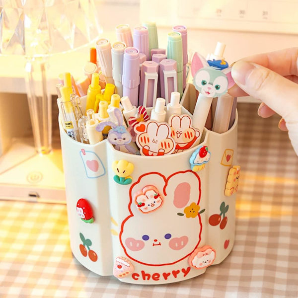 (White)Large Kawaii Rotary Pencil Holder with 3D Stickers for School Girls Cute Kawaii Pencil Holder for Desk Students P