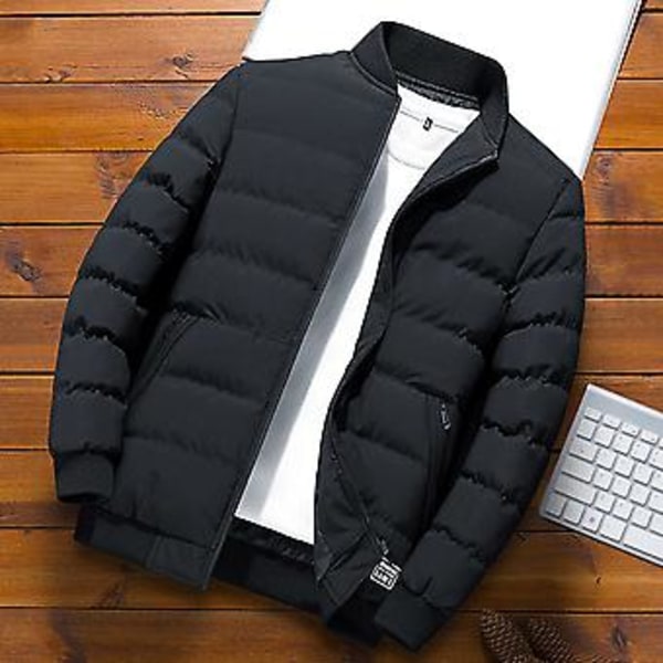 Mænds Jakke Bomuldsforet Langærmet Ensfarvet Stående Krave Kuldebeskyttende Vinterjakke Baseballjakke Streetwear (4XL Sort)