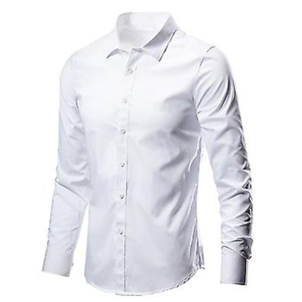 Men Lapel Neck Loose Shirt Casual Long Sleeve Plain Buttons Down Formal Business Shirt Tops(L White)