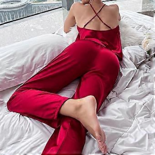 Dame 2-delt Pyjamassæt Superblødt Rygløst Sling Top Lange Bukser Nattøj Loungewear Sæt (M rød)