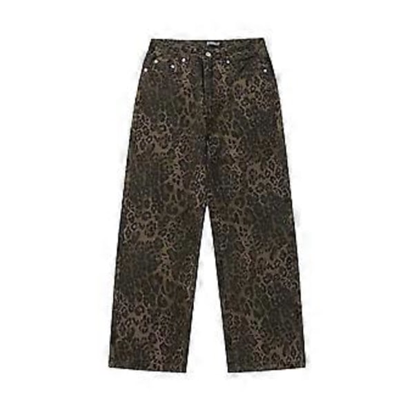 Dame Leopard Trykte Jeansbukser Streetwear Bunn Rett Ben Denim Løse Bukser (L)