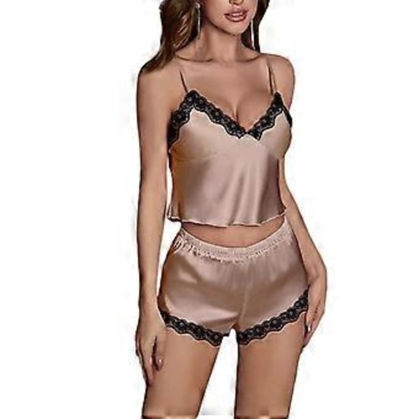 Spetsat pyjamas och shortsset, sexig justerbar axelbands-pyjamas topp med djupt V-ringning, spetsbh, nattkläder (XL khaki)
