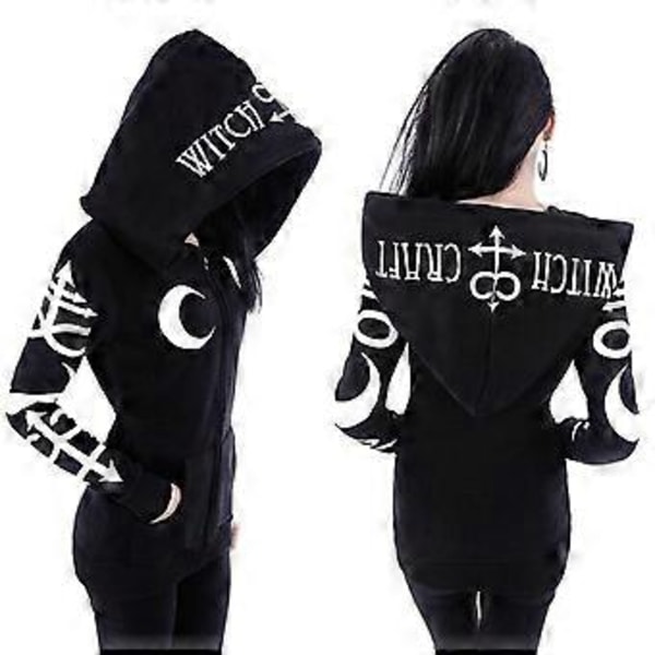 Halloween Kvinne Goth Kappekåpe Hexe Punk Hettestropp Glidlåskåpe Topp (2XL)