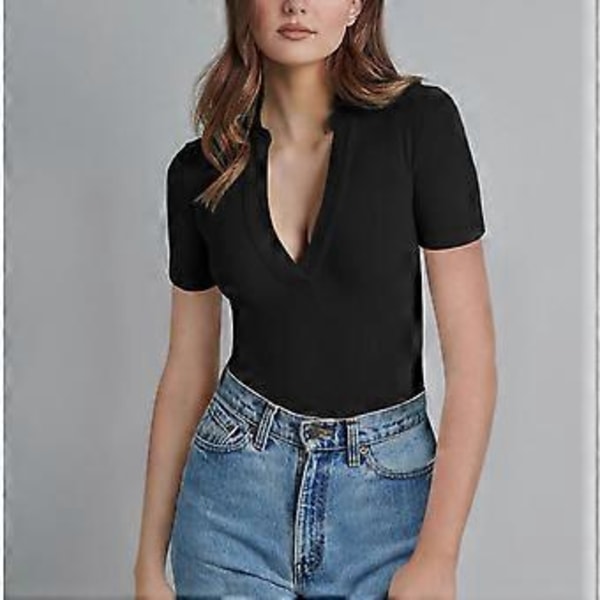 Åtsittande Jumpsuit Topp Slank Djup V-ringad Kortärmad Enfärgad Nedåtvänd Krage Ribbad En-delad Topp (XL Svart)