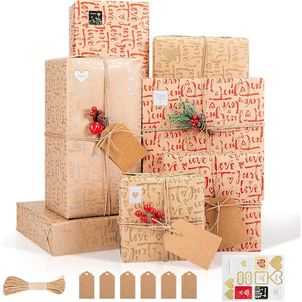 6 st Kraft Presentpapper, Blad Metallic Love Heart Wrappi