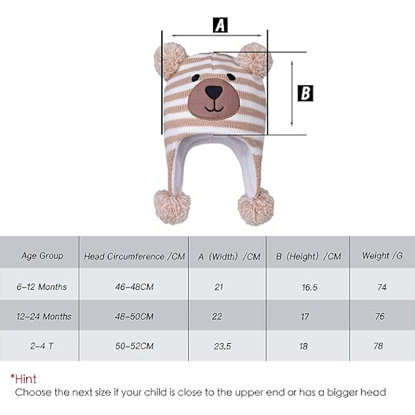 Björn - Beige Stripe 6-12 månader småbarn barn spädbarn vintermössa, öron