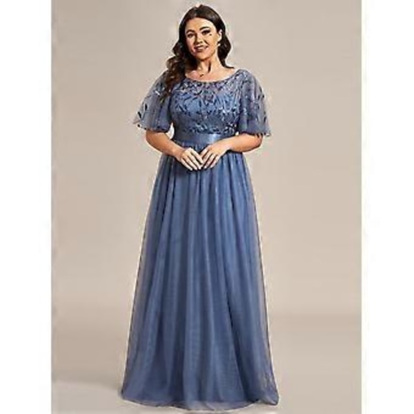 Ever-Pretty Dame Plus Size Sequin Broderi A-Linje Kortærmet Bryllupsgæstekjole (5XL blågrå)