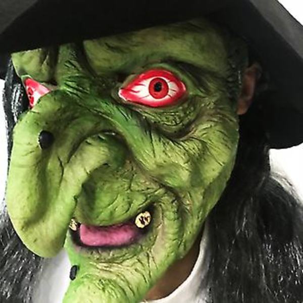 Halloween-kauhu vanhan noidan naamio hatulla, cosplay-pelottava pelle-noita lateksi naamiot vihreä kasvot iso nenä vanha nainen puvupukujuhlat rekvisiitta