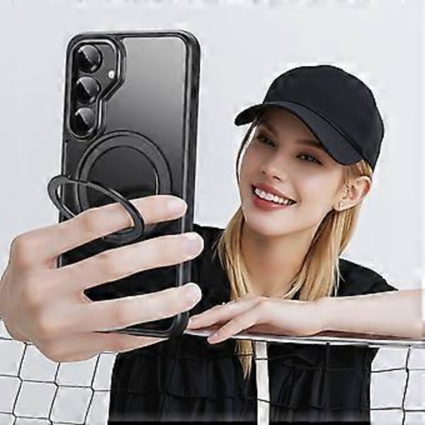 Til Samsung Galaxy S25 Magnetisk Cover Roterende Gear Pivot Støtteben PC + TPU Telefon Bagside Cover (Transparent)