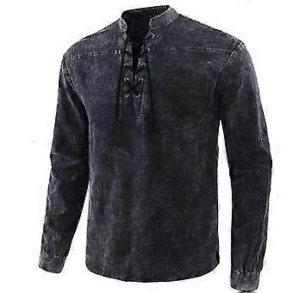 Hvit Vintage Skjorte for Menn, Lang Erme, Avslappet V-Hals, Snøring, Trekksnor, Retro T-skjorte, Plus Størrelse (XL Svart)