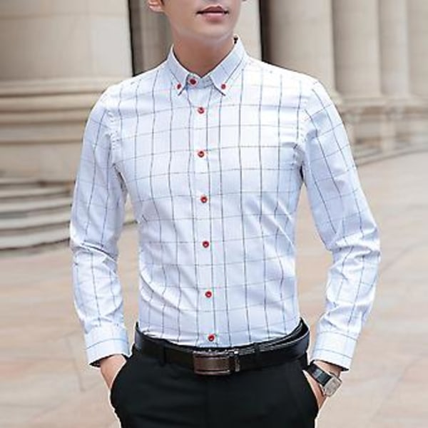 Herrar Skjorta Rutiga Tryck Långärmad Knappar Formell Enkelknäppt Varm Business Plus Size Höst Topp Man Kläder (4XL Vit)
