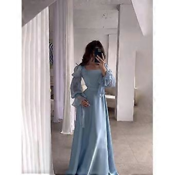 Elegant Dame Street Wear Dame Chiffon Satin Aftenkjole Ensfarvet Firkantet Krave Bælte Flare Ærme Plisserede Damekjoler (L)