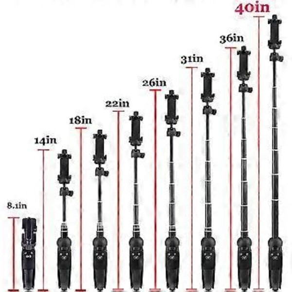 Portabel 40 Tums Selfie Stick Telefonstativ i Aluminiumlegering med Trådlös Fjärrutlösare Kompatibel med iPhone 13 12 11 pro Xs Max Xr X 8 7 6 Plus, Och