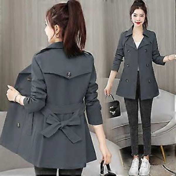 Vår Höst Trenchcoat Dam Kläder Slim Långärmad Kort Vindjacka med Bälte Casual Ytterkläder Dam Toppar Foder (XL grå)