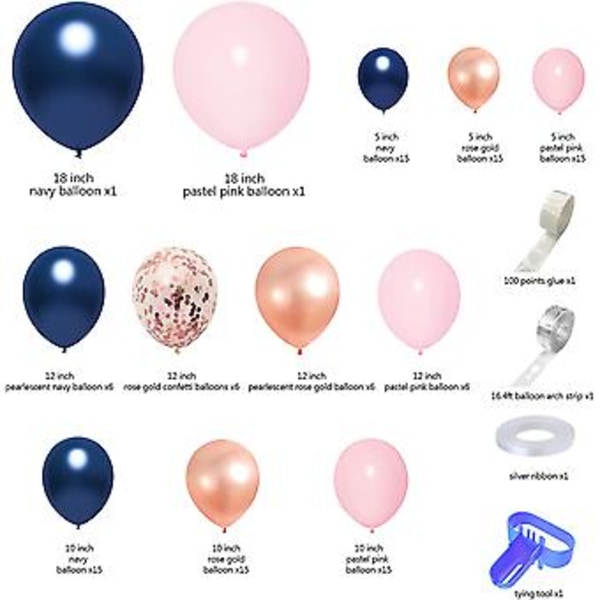 120 st Ballongirlandbåge-kit i Roséguld, Marinblå och Rosa, Könsavslöjande Ballonger 18''12''10''5'' Latexkonfettiballonger för Flickor och Pojkar, Födelsedag