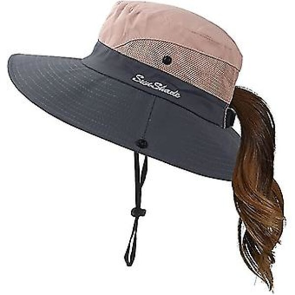 Sommarhatt för kvinnor med bred brätte, UV-skydd, vikbar, för hästsvans, hinkhatt för strand, fiske, vandring (Rosa)