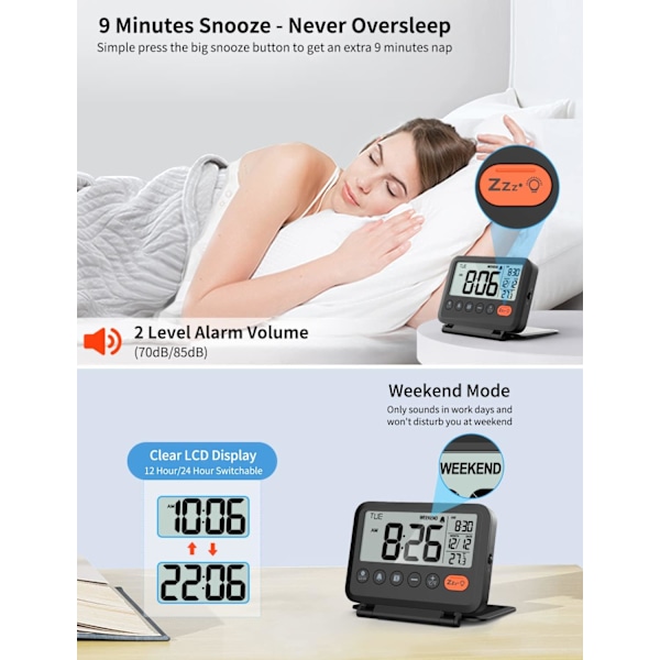Digital resealarmklocka, svart, 3,54 tums LCD-skärm, 9 minuters snooze