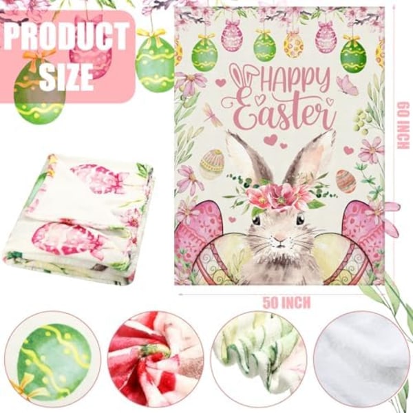 Buryeah Påske Hunny Bunny Tæppe Pink Påskeæg Blomster Bunny Forårsgave 60 x 50 Tommer Glad Påske Blød Bla