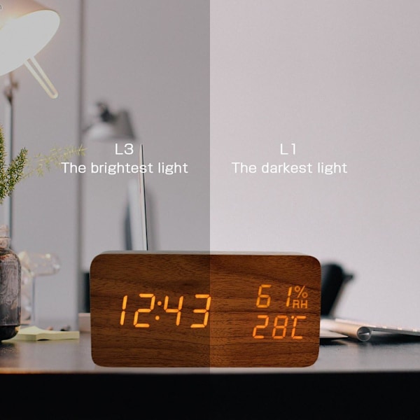 LED Digital Väckarklocka Luftfuktighet Datum Temperatur Trälook Dekor