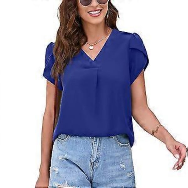 Dam Blus, Casual, Lös, Blomma, Kort Ärm, Split V-ringning, Enfärgad, Sommar Topp (M Blå)